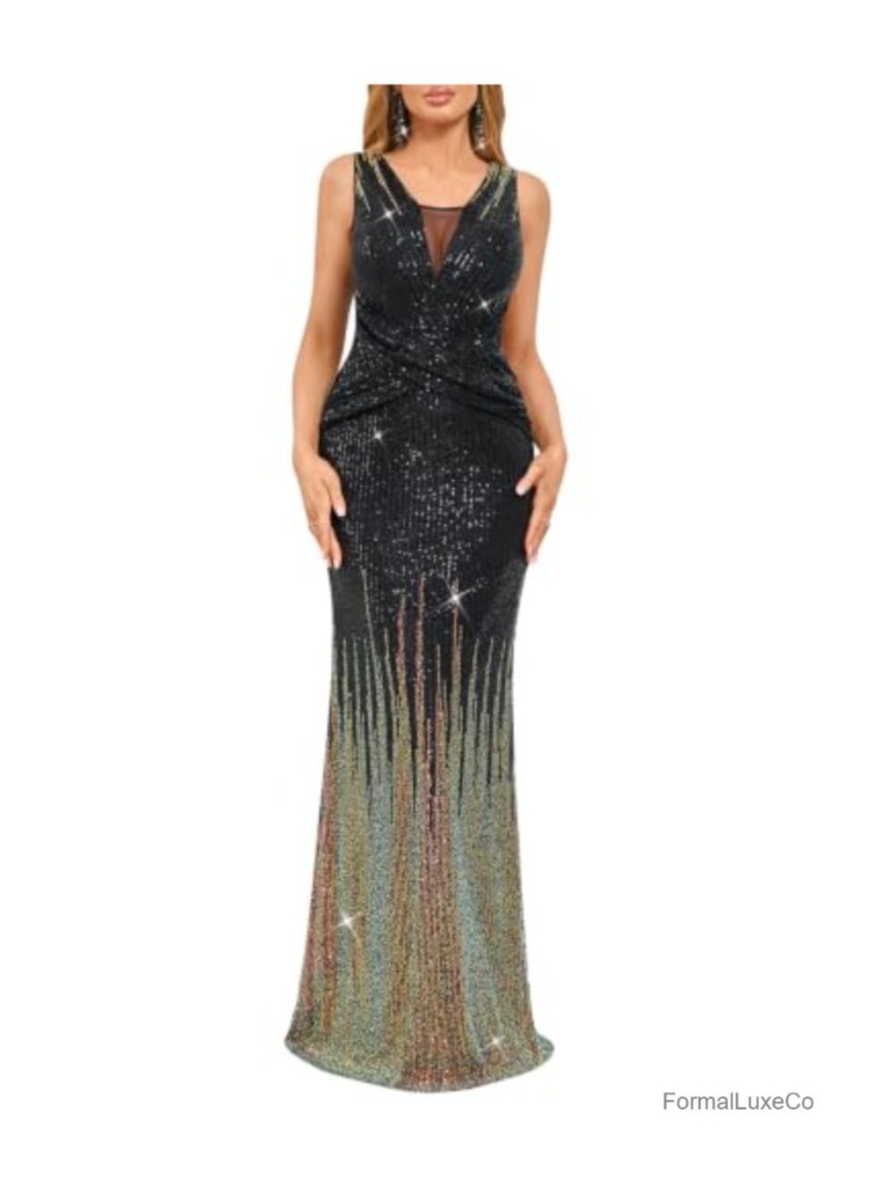Ombre Sequin Evening Gown V-Neck Slim Formal Dress Wedding Guest Prom